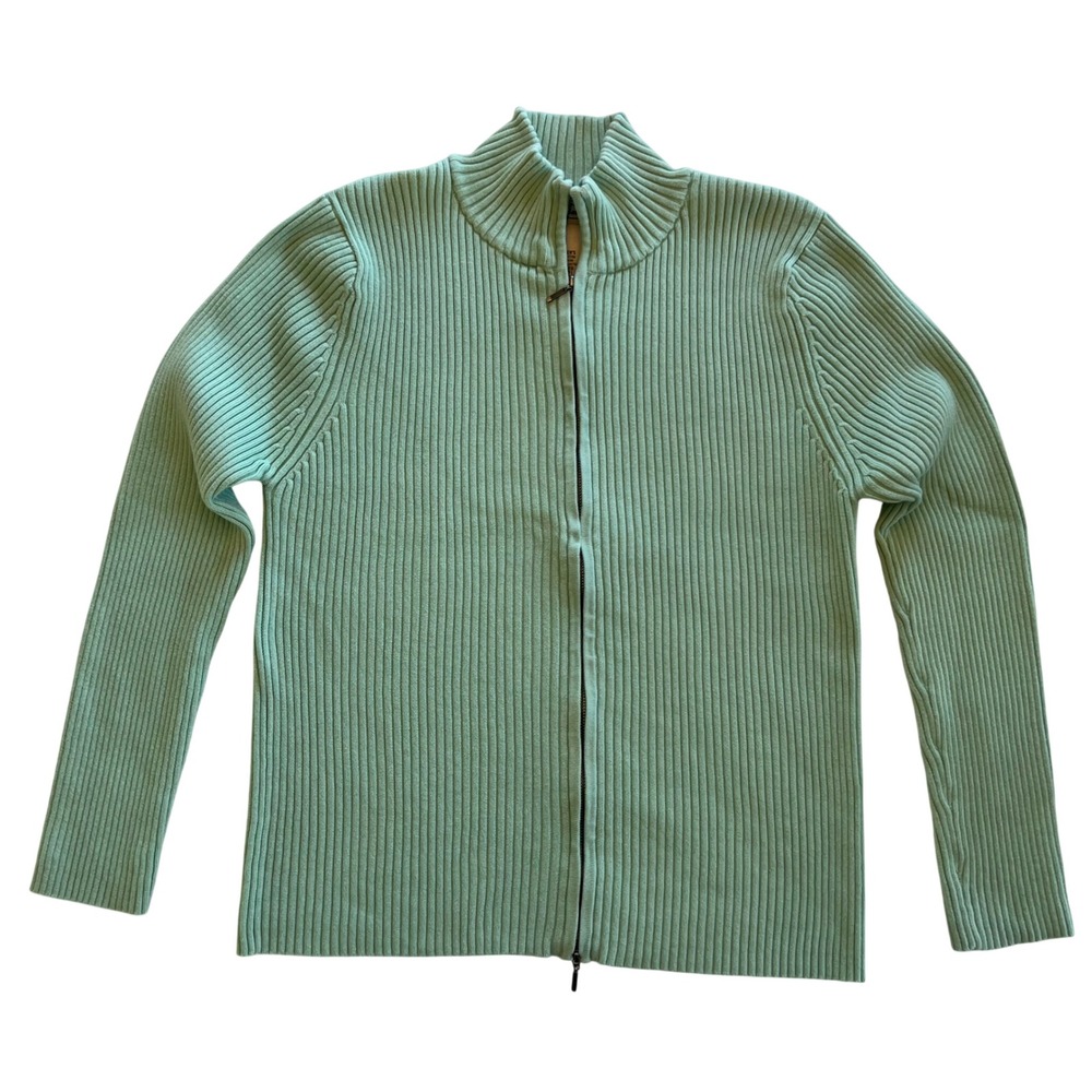 L.L.Bean Mint Green Ribbed Knit Full Zip Mock Neck Cozy Classic Sweater Size LXL